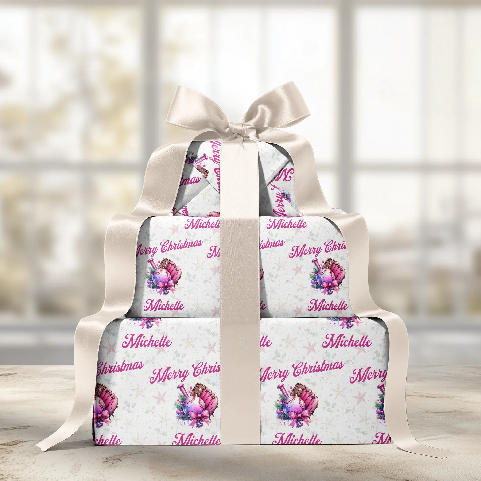 Baseball Christmas Personalized Name Gift Wrapping Paper (Pink)