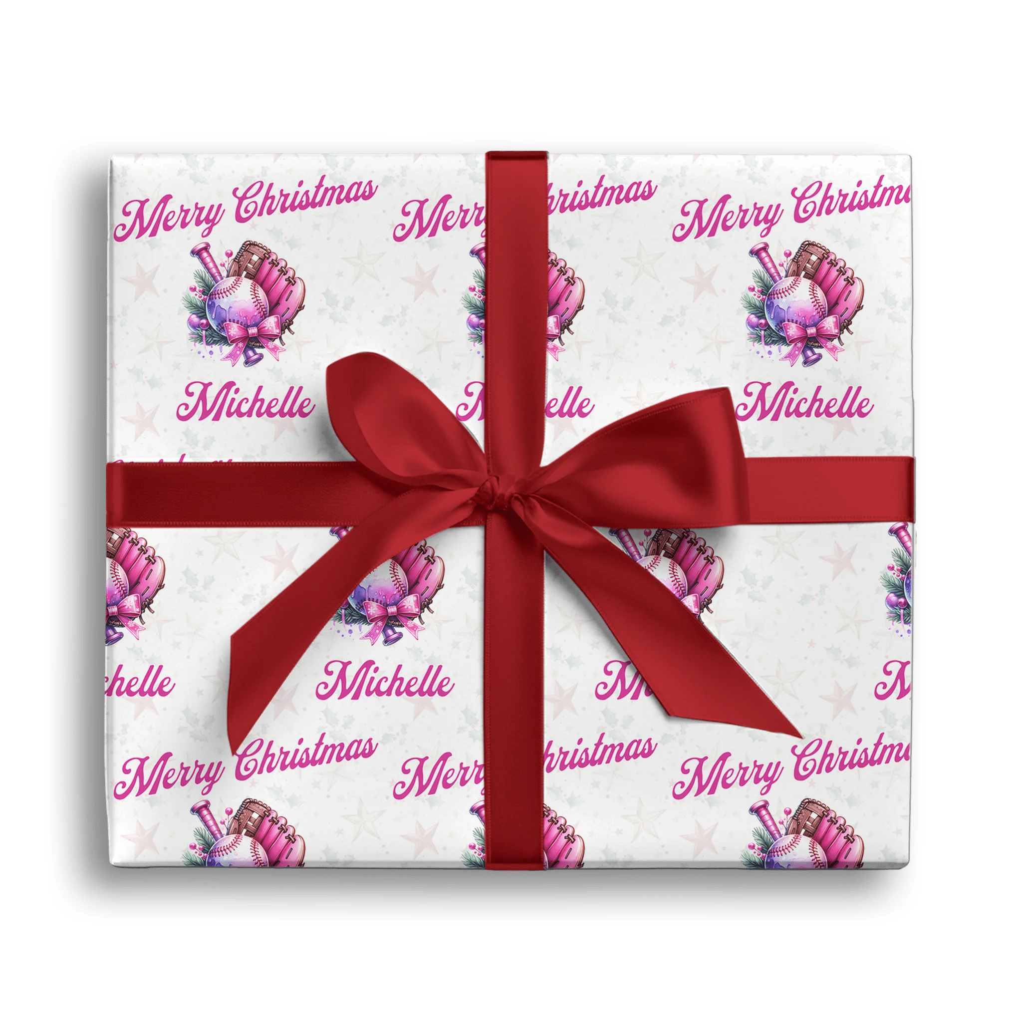 Baseball Christmas Personalized Name Gift Wrapping Paper (Pink)
