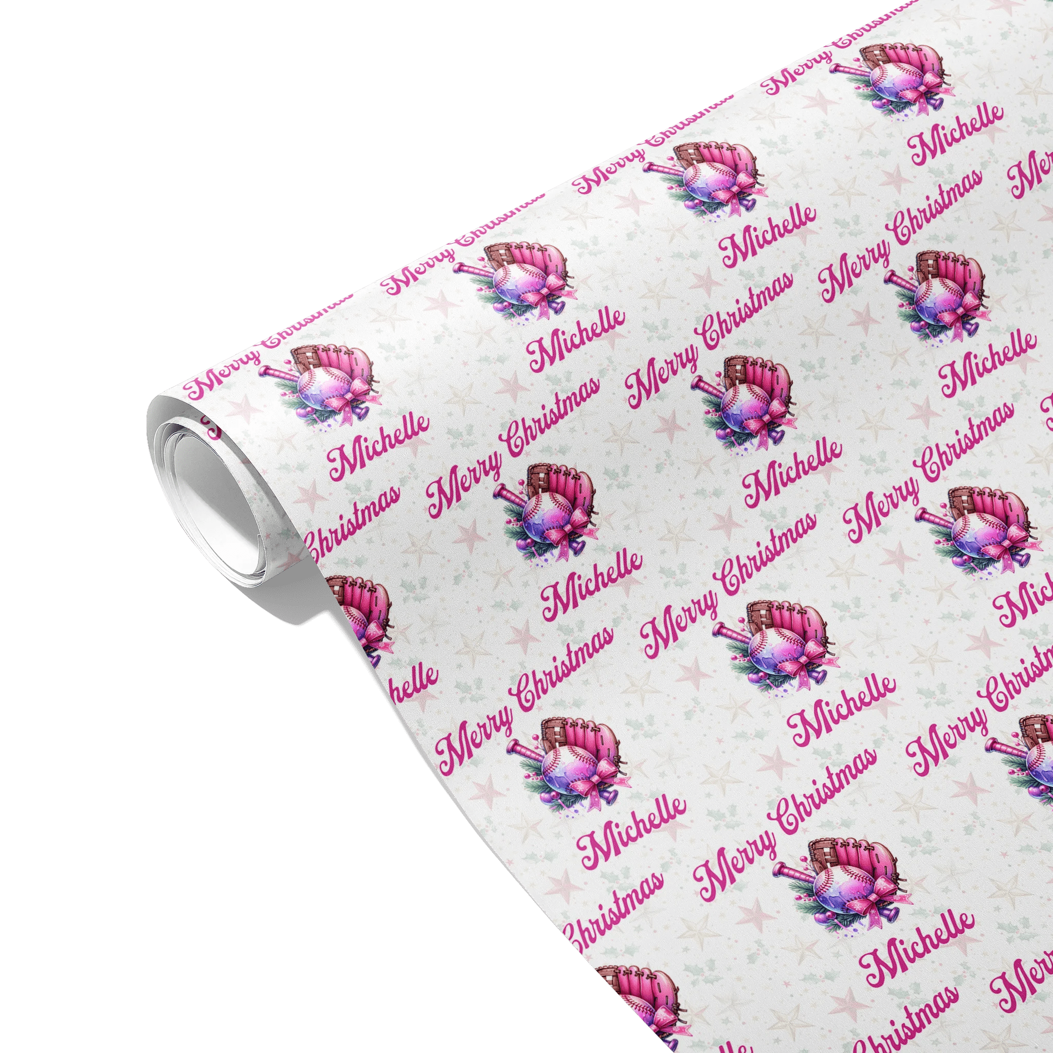 Baseball Christmas Personalized Name Gift Wrapping Paper (Pink)